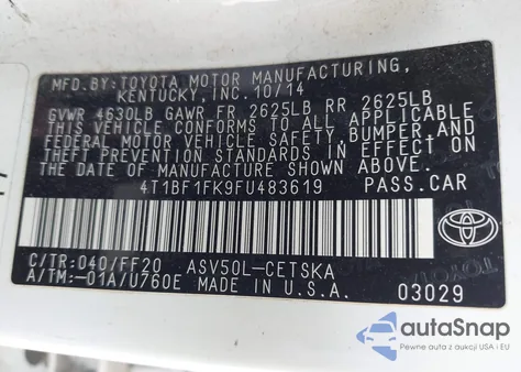 2015 Toyota Camry Se from USA, damaged, VIN 4T1BF1FK9FU483619